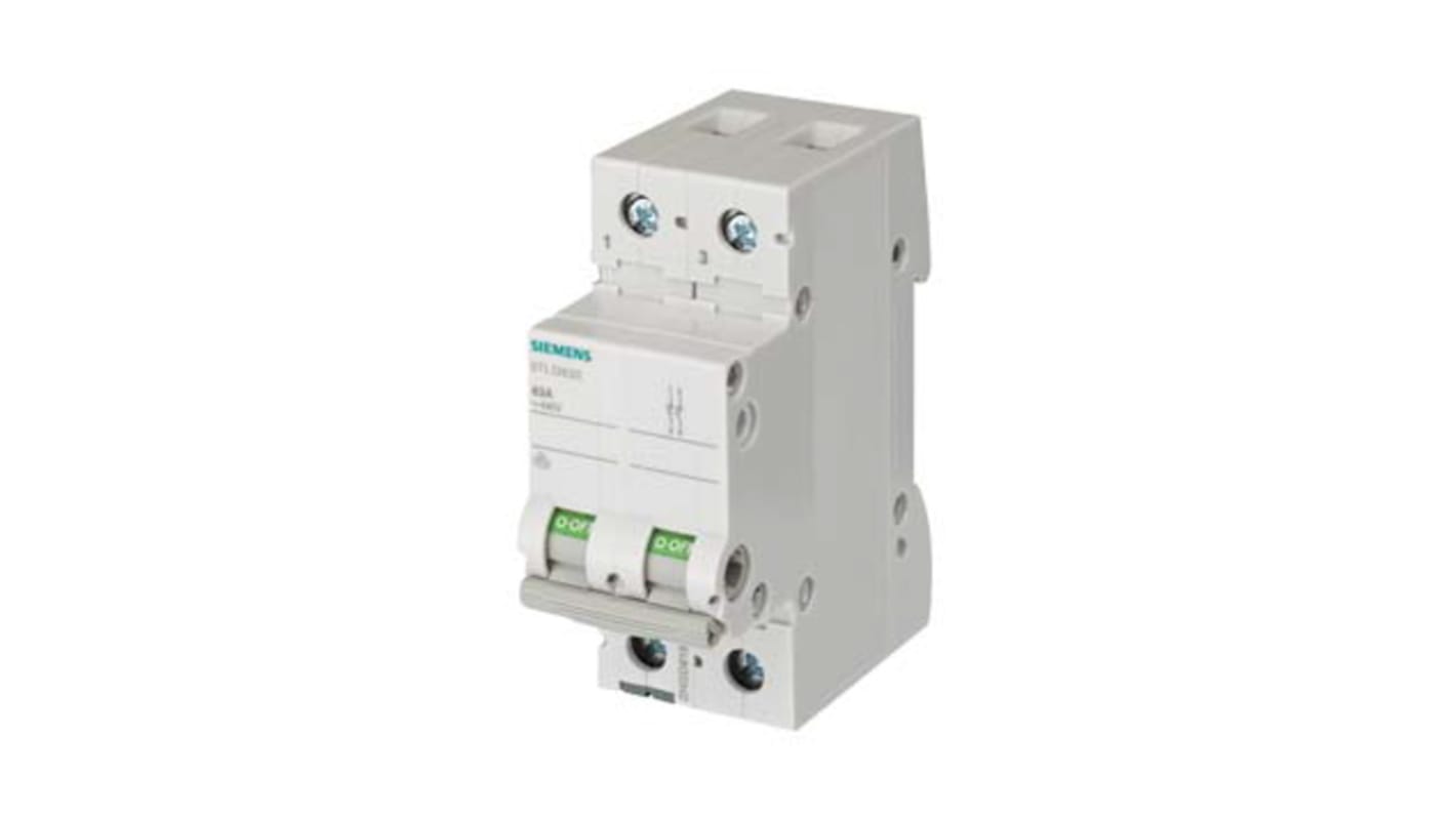 Interruttore di isolamento Siemens 5TL1263-0, 2 poli, 63 A, maniglia grigia, dimensioni 36 mm x 74,5 mm x 89,8 mm.