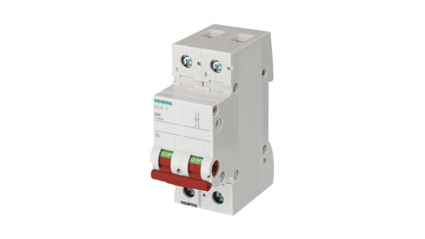 Interruttore di isolamento Siemens 5TL1263-1, 2 poli, 63 A, maniglia rossa, dimensioni 36 mm x 74.5 mm x 89.8 mm.