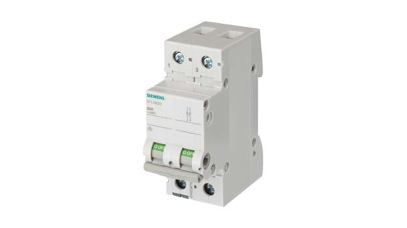 Interruttore di isolamento Siemens 5TL1292-0, 2 poli, 125 A, 440 V, design ergonomico, dimensioni 36 x 74,5 x 89,8 mm.