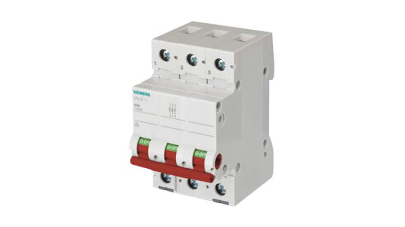 Interruttore di isolamento Siemens 5TL1363-1, 3 poli, 63 A, 440 V, design ergonomico, dimensioni 54 x 74,5 x 89,8 mm.