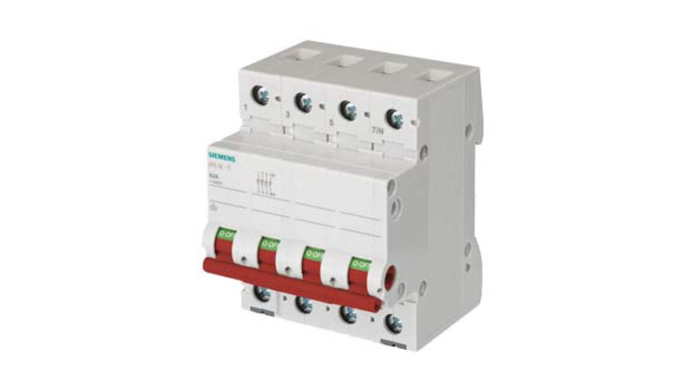 Interruttore di isolamento Siemens 5TL1691-1, 3 poli, 100 A, maniglia rossa, dimensioni 89.8 x 74.5 x 70 mm, conforme a EN 60947-1.