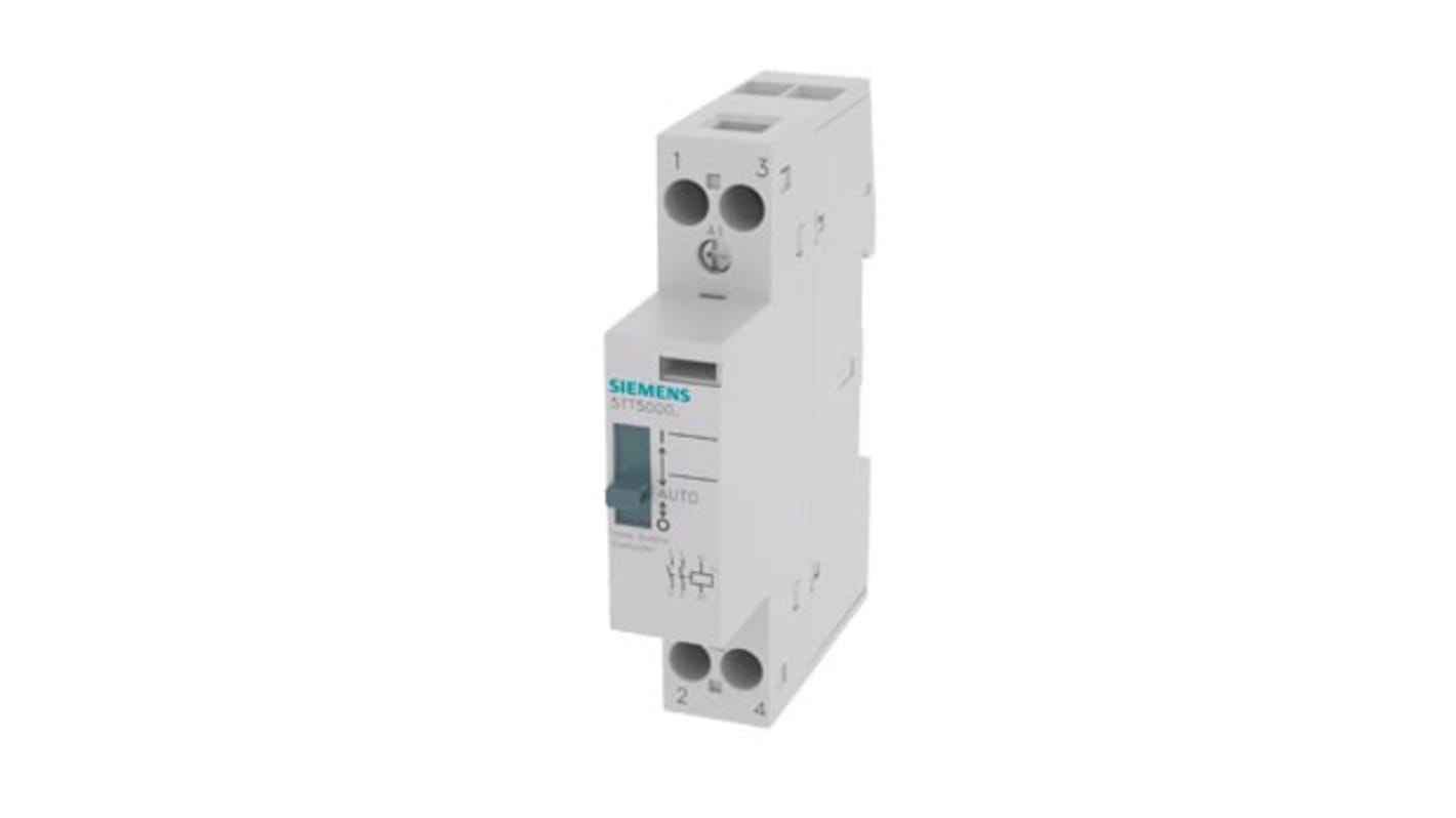 Contattore Siemens 5TT5000-8, 2 poli, 2 NO, 20 A, bobina 230 V, montaggio su guida DIN, dimensioni 90 x 17.5 x 74.6 mm.