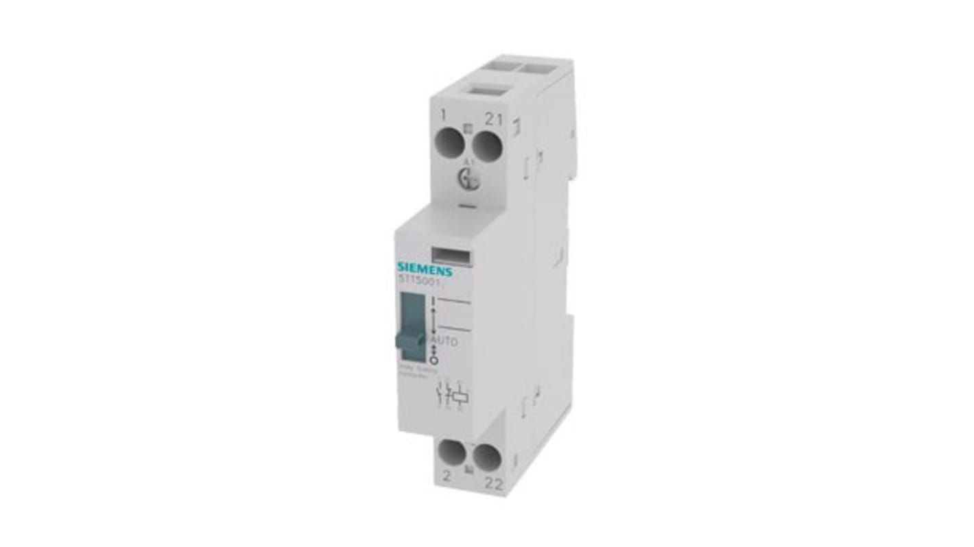 Contattore Siemens 5TT5001-6, 2 poli, 1 NO + 1 NC, 20 A, bobina 230 V c.a., montaggio su guida DIN, dimensioni 17.5 x 90 x 74.6 mm.