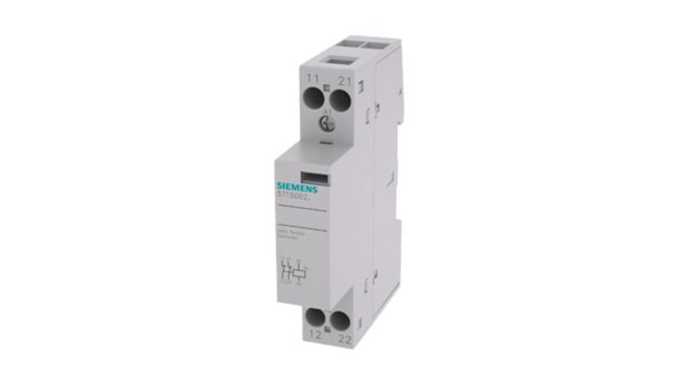 Contattore Siemens 5TT5002-2, 2 poli 2NC, 20 A, bobina 24V, montaggio su guida DIN, dimensioni 35x90x70.7 mm.
