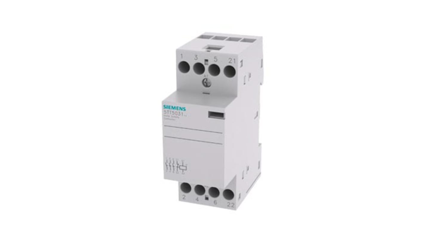 Contattore Siemens 5TT5031-2, 4 poli, 3NO + 1NC, montaggio su guida DIN, dimensioni 35x90x70.7 mm, corrente 24 A, tensione 400 V.
