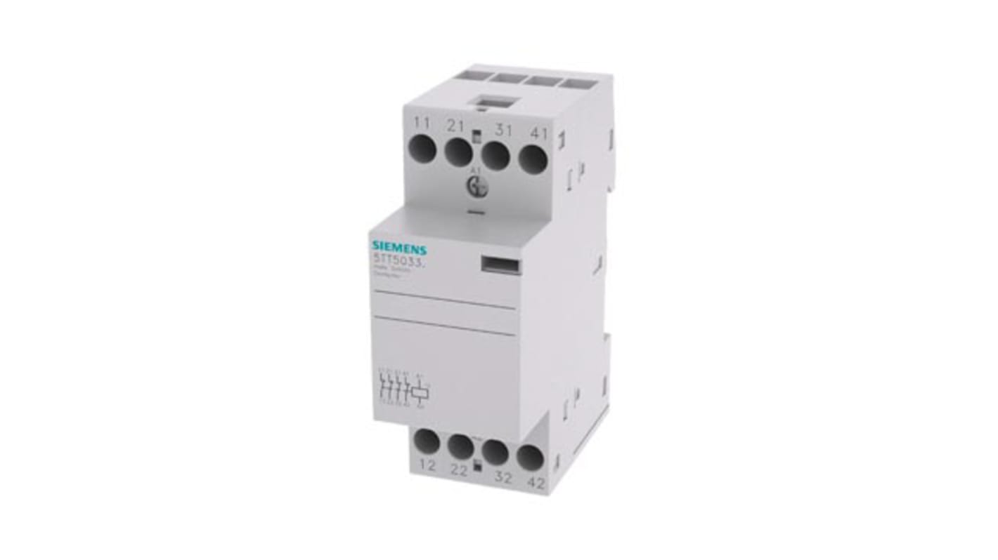 Contattore Siemens 5TT5033-2, 4 poli, 24 A, montaggio su guida DIN, dimensioni 35x90x70.7 mm, bobina 24 V.