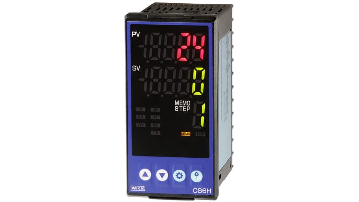 WIKA 14174707, termoregolatore PID 24 V, montaggio a pannello, dimensioni 48 x 96 mm, ingresso multifunzione, display LED.