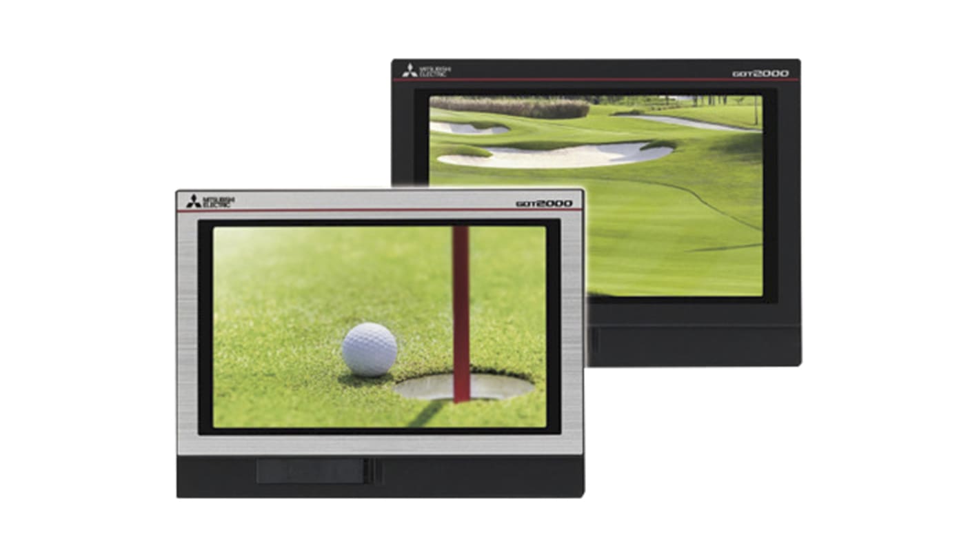 Mitsubishi Electric GT2107-WTSD, display HMI touch screen 7", risoluzione WVGA, interfacce Ethernet e USB, dimensioni 189 x 56 x 135 mm.