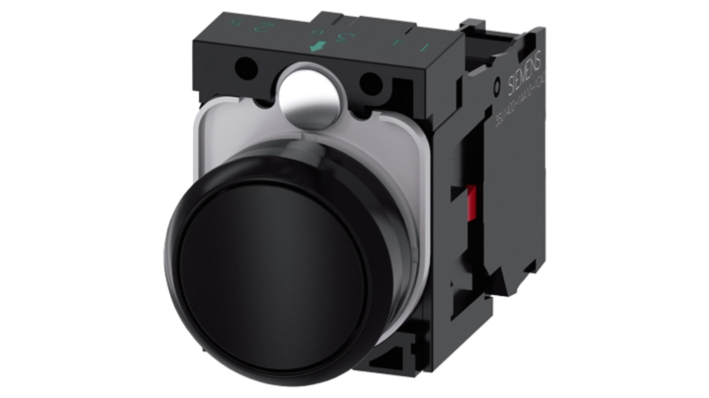 Pulsante rotondo Siemens 3SU1100-0AB10-1CA0, montaggio a pannello, diametro 22 mm, contatto SPST, temperatura operativa -25°C/+70°C.