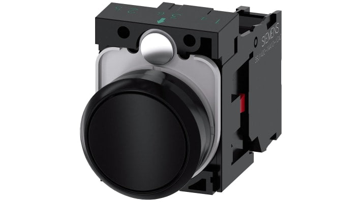 Pulsante rotondo Siemens 3SU1100-0AB10-1CA0, montaggio a pannello, diametro 22 mm, contatto SPST, temperatura operativa -25°C/+70°C.