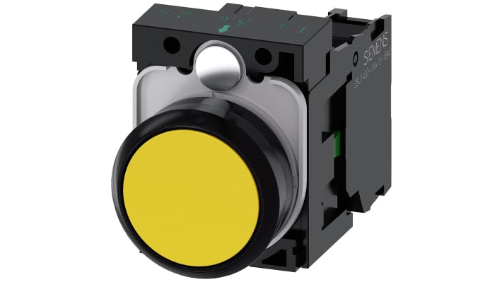 Pulsante rotondo giallo Siemens 3SU1100-0AB30-1BA0, montaggio a pannello, contatto SPST, diametro 29.45 mm.