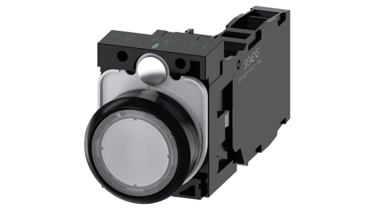 Pulsante luminoso Siemens 3SU1102-0AB701FA0, montaggio a pannello, diametro 22 mm, configurazione 1-NO/1-NC, IP66.