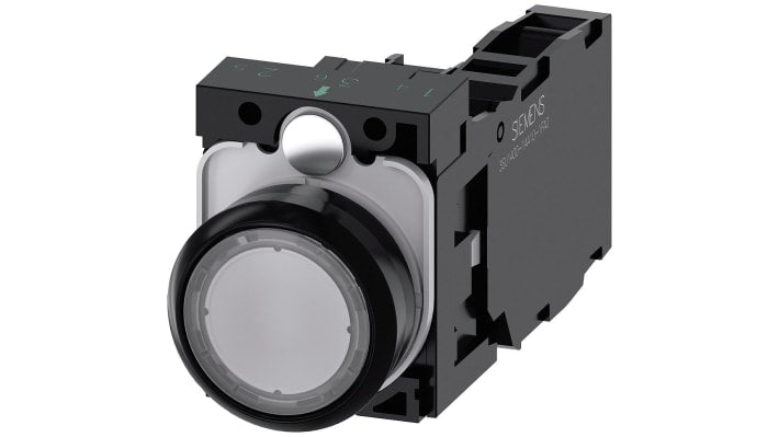 Pulsante luminoso Siemens 3SU1102-0AB701FA0, montaggio a pannello, diametro 22 mm, configurazione 1-NO/1-NC, IP66.