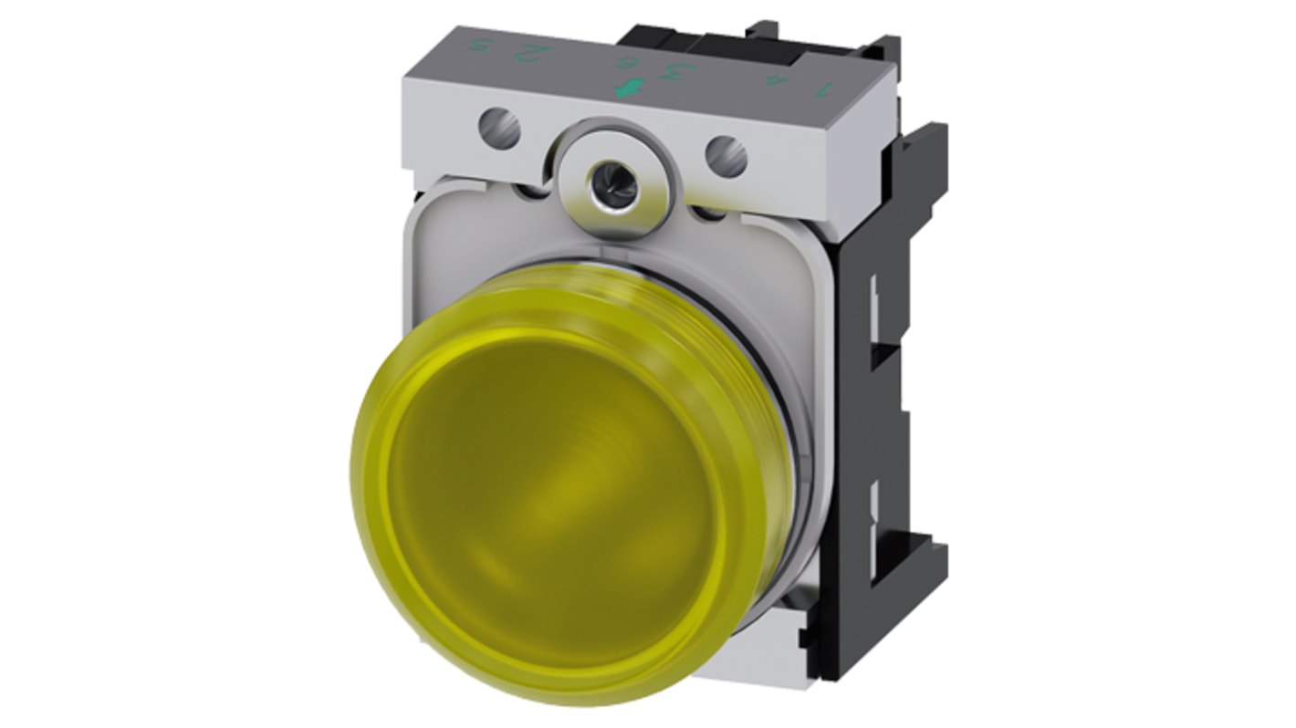 Spia LED gialla 22mm Siemens 3SU1152-6AA30-1AA0, 24V C.A./C.C., montaggio a pannello. Ideale per applicazioni tecniche.