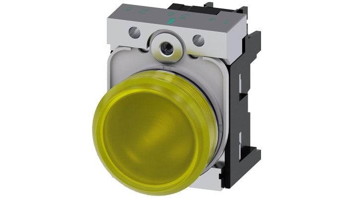 Spia LED gialla 22mm Siemens 3SU1152-6AA30-1AA0, 24V C.A./C.C., montaggio a pannello. Ideale per applicazioni tecniche.