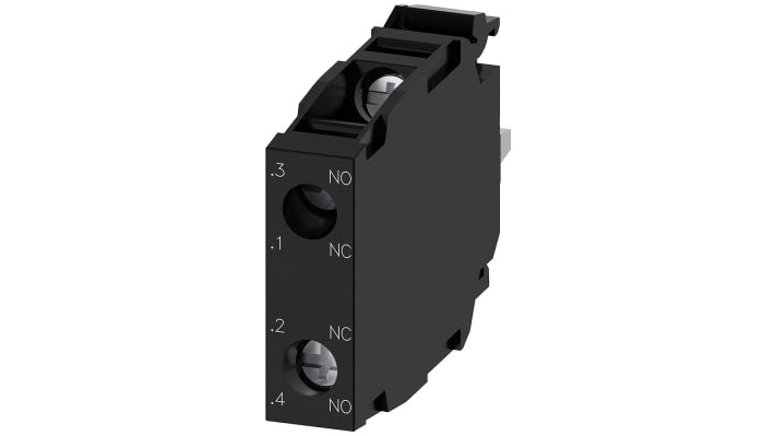 Blocco contatti Siemens 3SU1400-1AA10-1FA0, 1 NO + 1 NC, 500V ca/cc, terminali a vite. Affidabilità con contatti ad azione lenta. Ideale per ambienti industriali.
