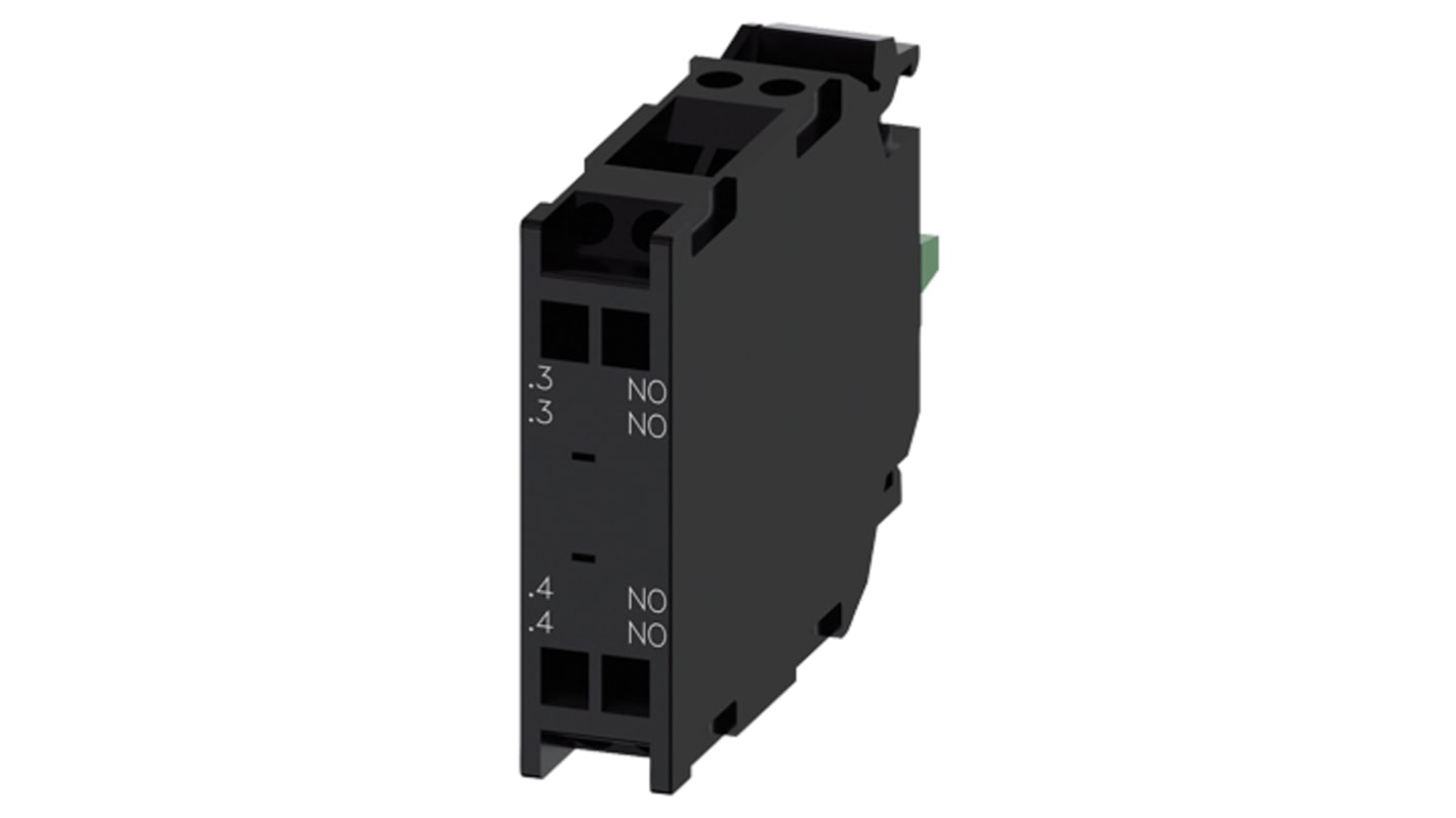 Siemens 3SU1400-1AA10-3DA0 Blocco contatti DPNO 500V ca/cc con terminali a molla, LED integrati. Ideale per controlli elettrici e sistemi elettronici.