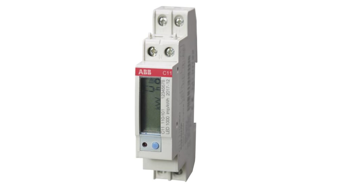 Contatore di energia monofase ABB 2CMA103571R1000, LCD 6 cifre, montaggio su guida DIN, precisione 1%, dimensioni 111 x 18 x 65 mm.