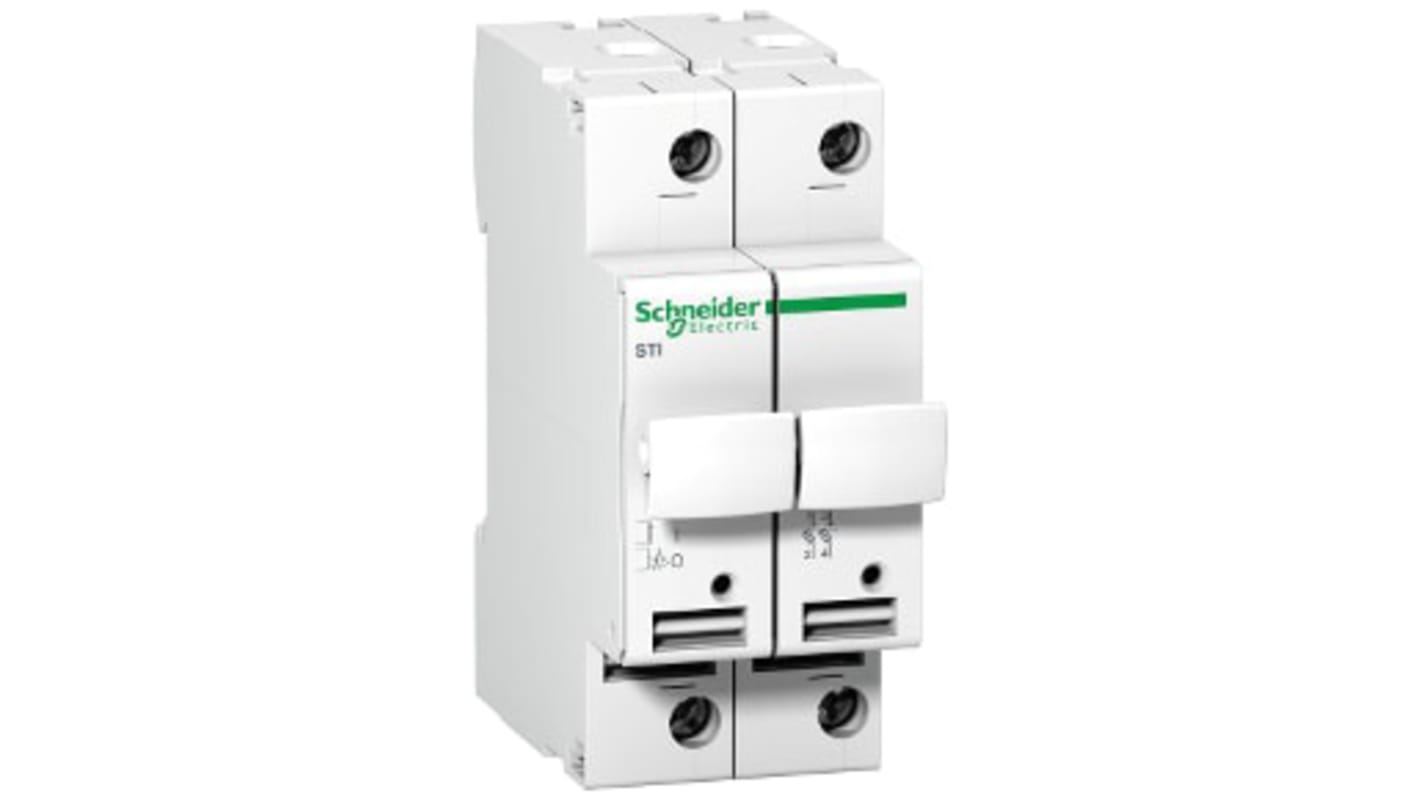 Sezionatore portafusibili Schneider Electric A9N15650, 10A, 2 poli, montaggio su guida DIN, temperatura operativa -20°C/+60°C.