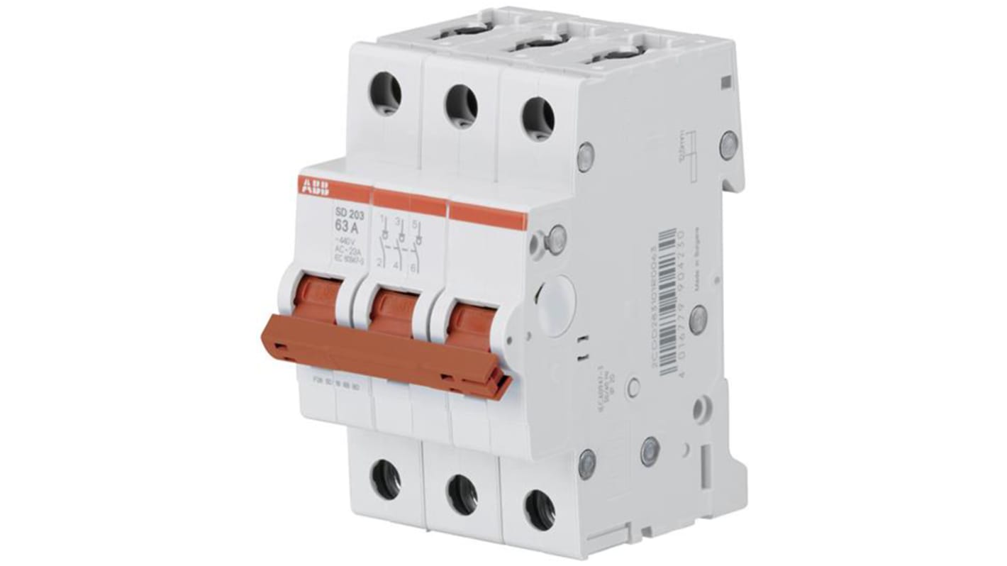 Interruttore di isolamento ABB SD203/50, 3 poli, 50A, 440V, montaggio su guida DIN, dimensioni 52.5mm x 69mm x 88mm.