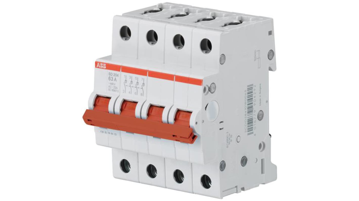 Interruttore di isolamento ABB SD204, 4 poli, 32A, 440V, montaggio su guida DIN, dimensioni 70mm x 69mm x 88mm.