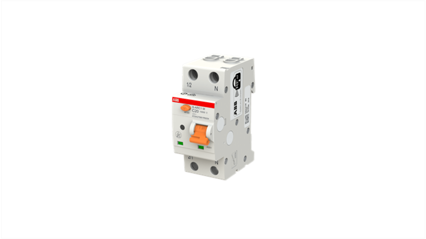 Interruttore magnetotermico ABB S-ARC1 M C20, 1P+N, 20A, 240V, montaggio su guida DIN, larghezza 35mm, profondità 69mm.