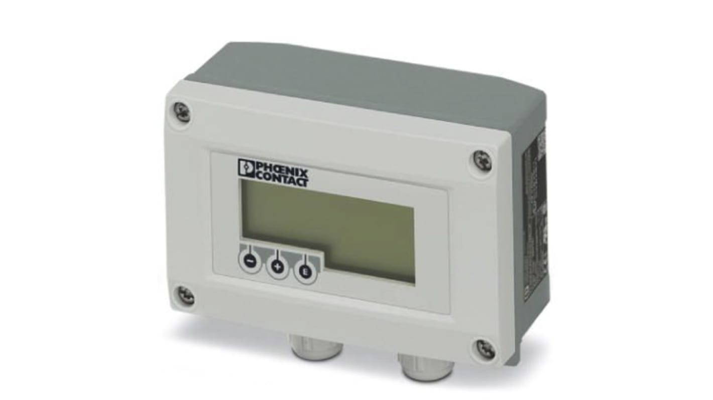 Misuratore digitale multifunzione da pannello Phoenix Contact 2908801, alimentato da segnale 4-20 mA, display retroilluminato. Dimensioni foro: 81.5 mm x 131 mm.