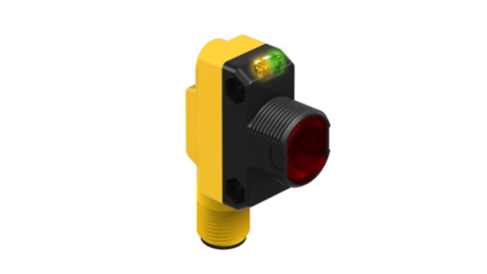 Sensore fotoelettrico rettangolare Banner QS18VP6FF50, PNP, rilevamento 50 mm, IP67, alimentazione 10-30 V c.c., montaggio filettato.