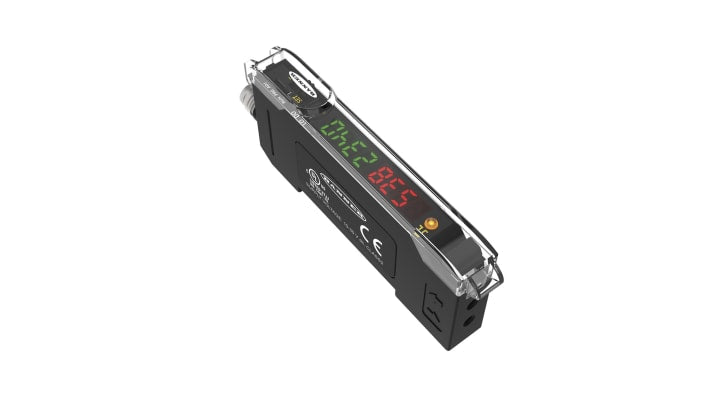 Amplificatore fibra PNP Push-Pull Banner DF-G2-KD-Q7, con uscita PNP, IO-Link, montaggio su guida DIN, dimensioni 86,3 x 10 x 31,5 mm.