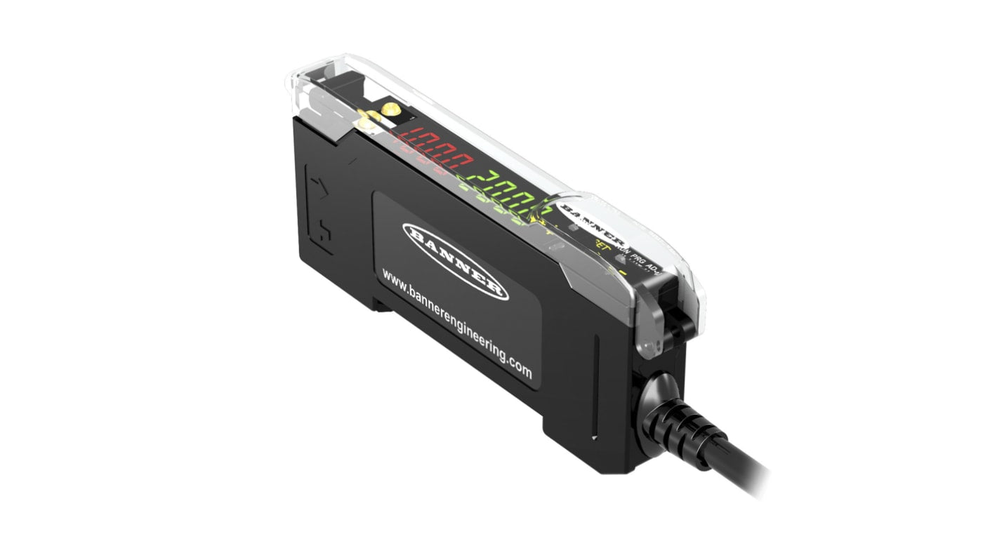 Amplificatore fibra PNP Push-Pull Banner DF-G3-KD-2M, 10-30 V c.c., montaggio su guida DIN, dimensioni 86,9 x 10 x 31,5 mm.