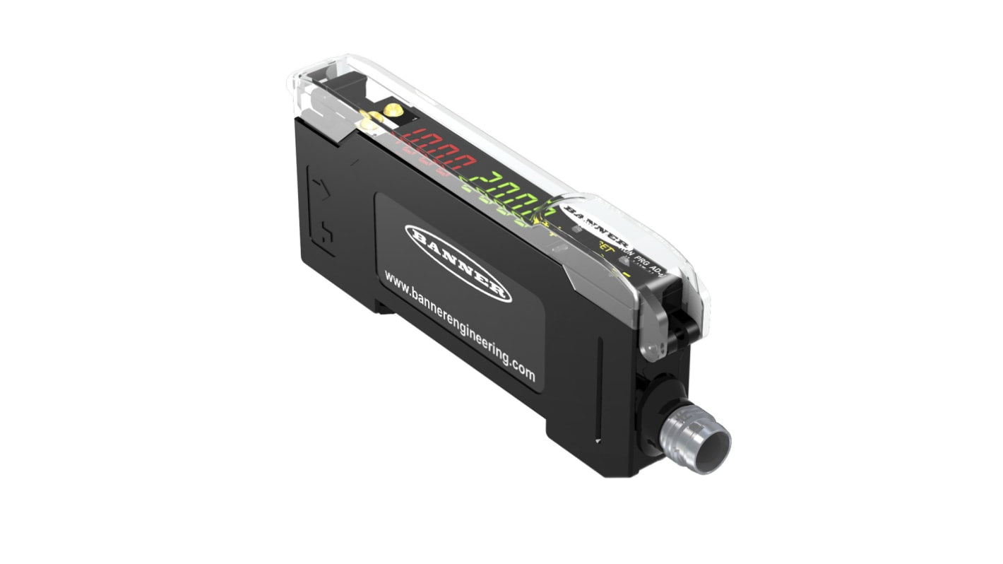 Amplificatore fibra PNP Push-Pull Banner DF-G3-KD-Q7, con uscita PNP, IO-Link, montaggio su guida DIN, dimensioni 86,3 x 10 x 31,5 mm.