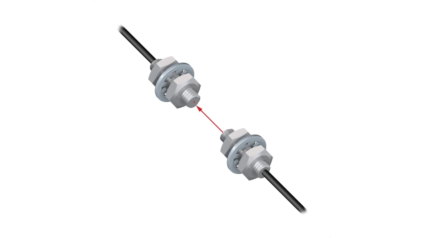 Sensore per fibre ottiche Banner PIT16U, montaggio filettato M2.5, lunghezza 2 m, temperatura operativa fino a +70 °C.