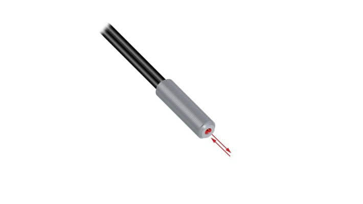 Banner PBT26U, sensore a riflessione NPN-PNP M3, fibra ottica plastica, lunghezza 2.011 m, montaggio filettato, max +70°C.