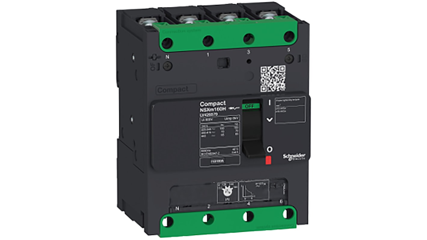 Interruttore magnetotermico scatolato Schneider Electric, 4 poli, 50A, 690V, montaggio su guida DIN, dimensioni 108x80x137mm.
