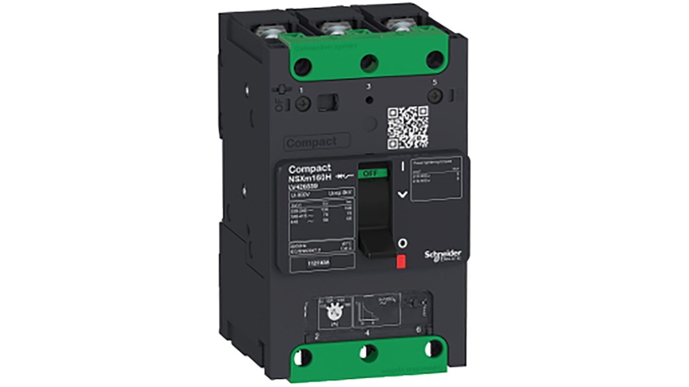 Interruttore magnetotermico scatolato Schneider Electric, 3 poli, 160A, 690V, montaggio su guida DIN, dimensioni 81x80x137mm.