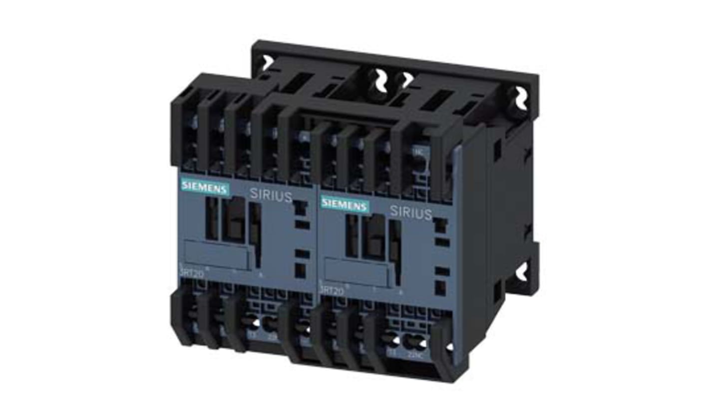 Contattore reversibile Siemens 3RA2315-8XB30-2BB4, 3 poli, 10 A, tensione bobina 24 V c.c., dimensioni 84x90x83 mm.
