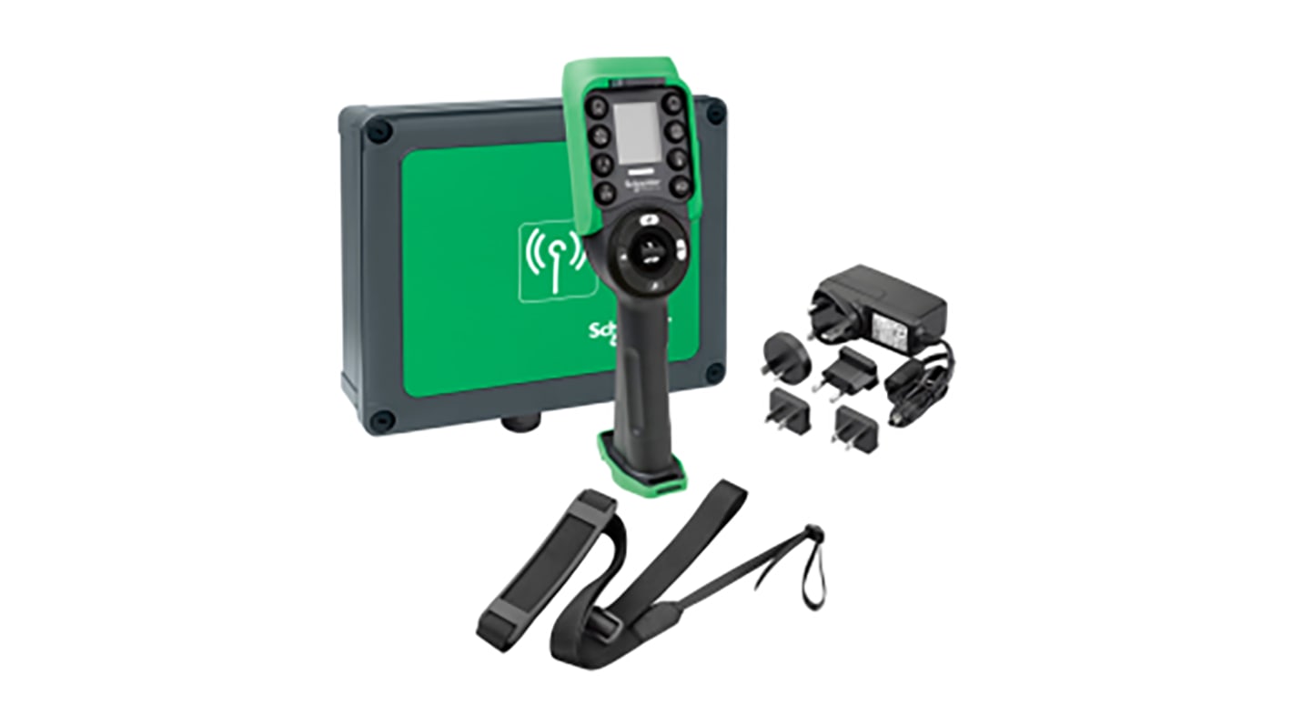 Stazione di controllo wireless Schneider Electric XARSK12D18W per sollevamento e movimentazione materiali, include caricabatteria e software.