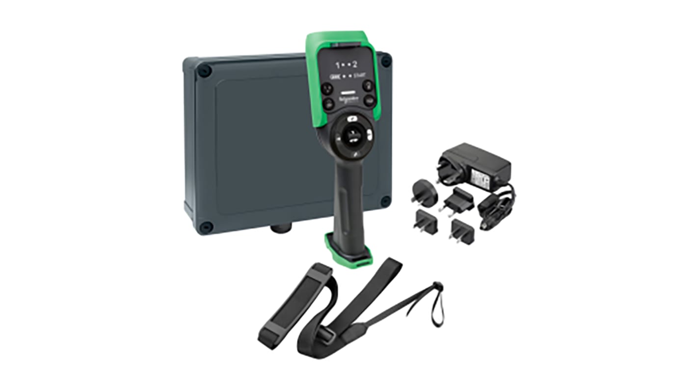 Stazione di controllo wireless Schneider Electric XARSK8L12W per sollevamento e movimentazione materiali, con caricabatteria e software.