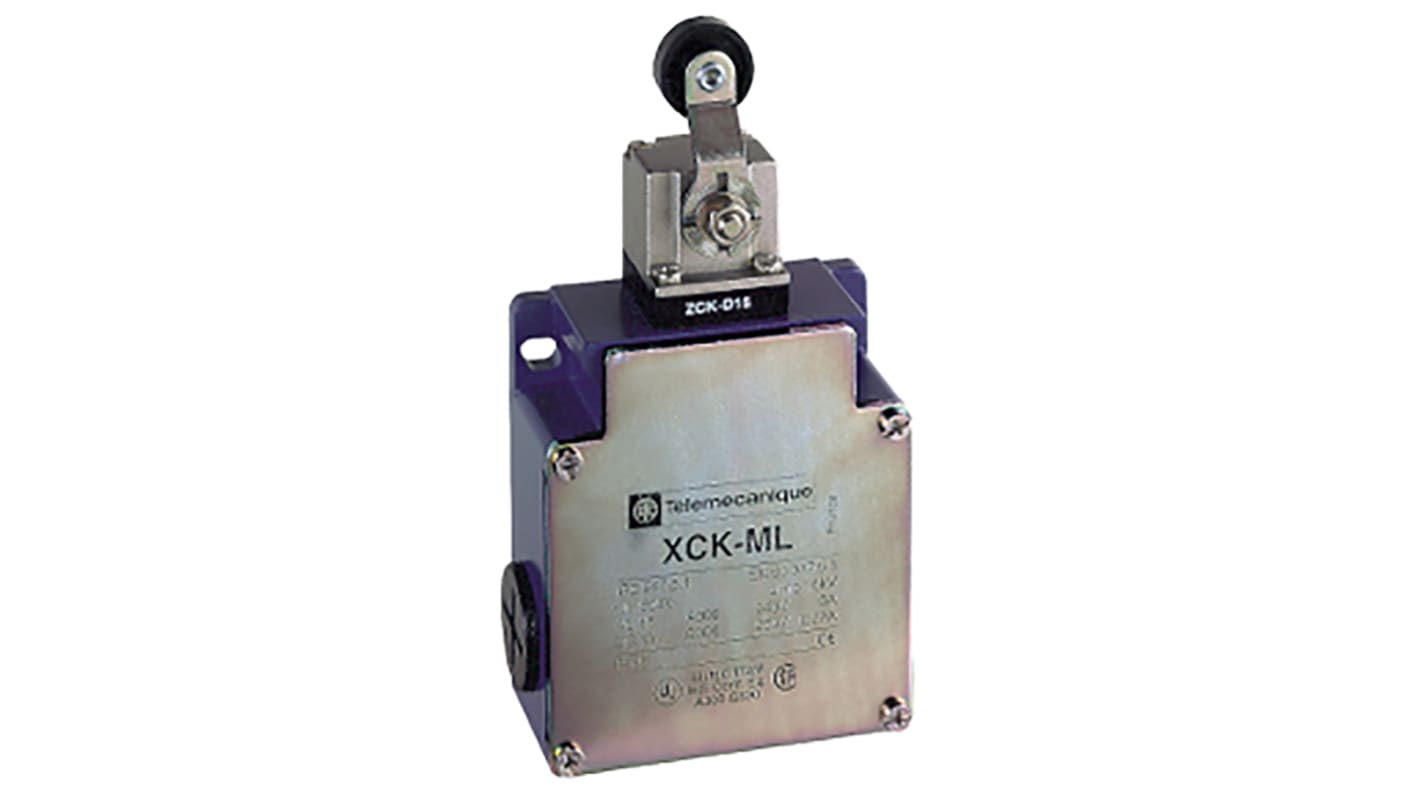 Interruttore di fine corsa a leva a rullo Telemecanique Sensors XCKML115H29, IP66, 1NC/1NO, montaggio verticale, dimensioni 77x36x81 mm.