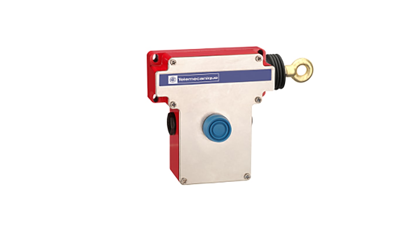 Interruttore a fune Telemecanique Sensors XY2, montaggio destro, 1NC + 1NO, cavo 70m, protezione IP66, dimensioni 229 x 105 x 142mm.