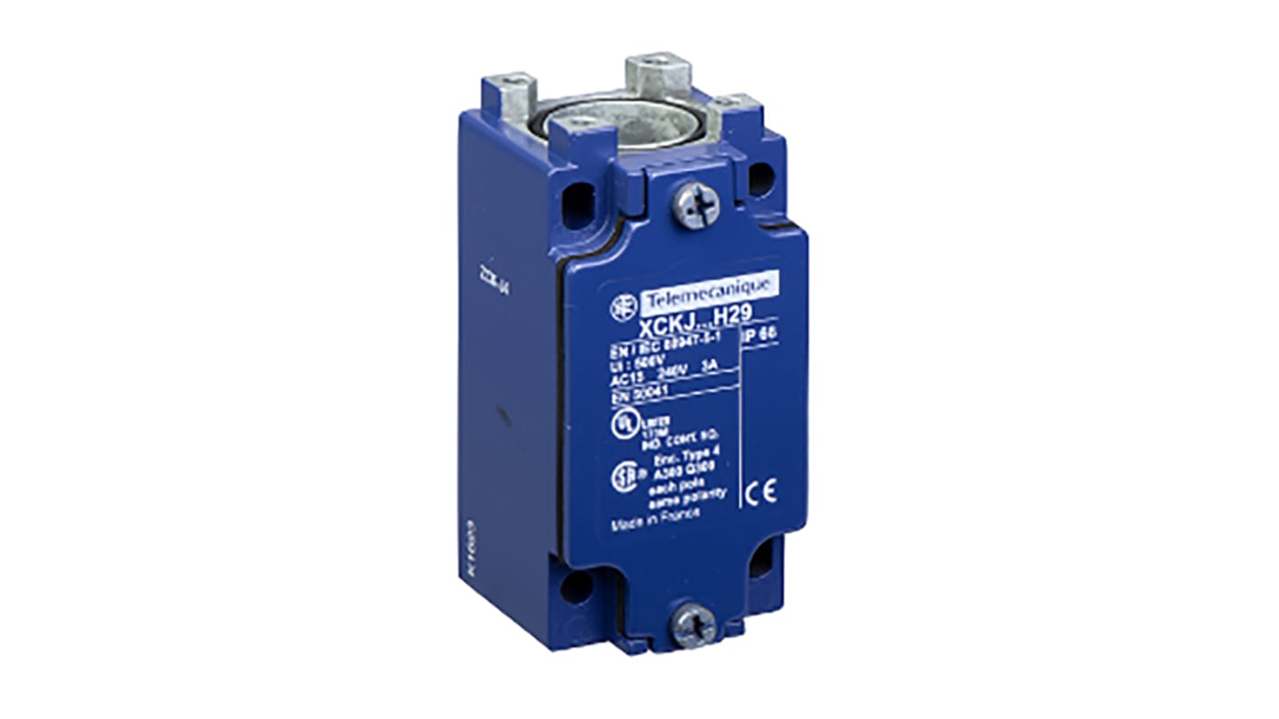 Interruttore di fine corsa Telemecanique Sensors ZCKJ4H29, corpo metallico, 2NA e 2NC, protezione IP66, dimensioni 40x44x77mm.
