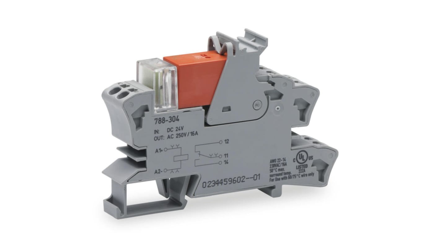 Relè d'interfaccia Wago 788-304 SPDT, 24V cc, montaggio su guida DIN, dimensioni 15 x 54 x 86 mm, grado di protezione IP20.