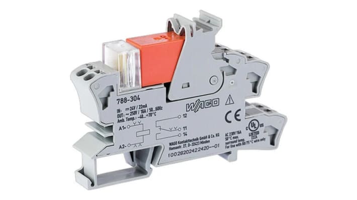 Relè d'interfaccia Wago 788-304 SPDT, 24V cc, montaggio su guida DIN, dimensioni 15 x 54 x 86 mm, grado di protezione IP20.