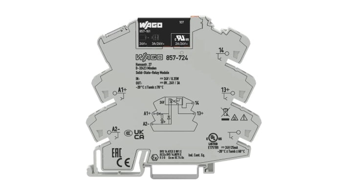 Relè a stato solido Wago 857724, montaggio su guida DIN, 3 A, 24 V c.c., dimensioni 94 x 6 x 81 mm, grado di protezione IP20.