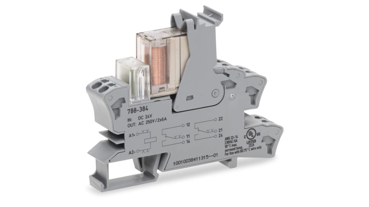Relè di sicurezza Wago 788384, con LED rosso, dimensioni 64 x 15 x 86 mm, grado di protezione IP20, per applicazioni industriali.