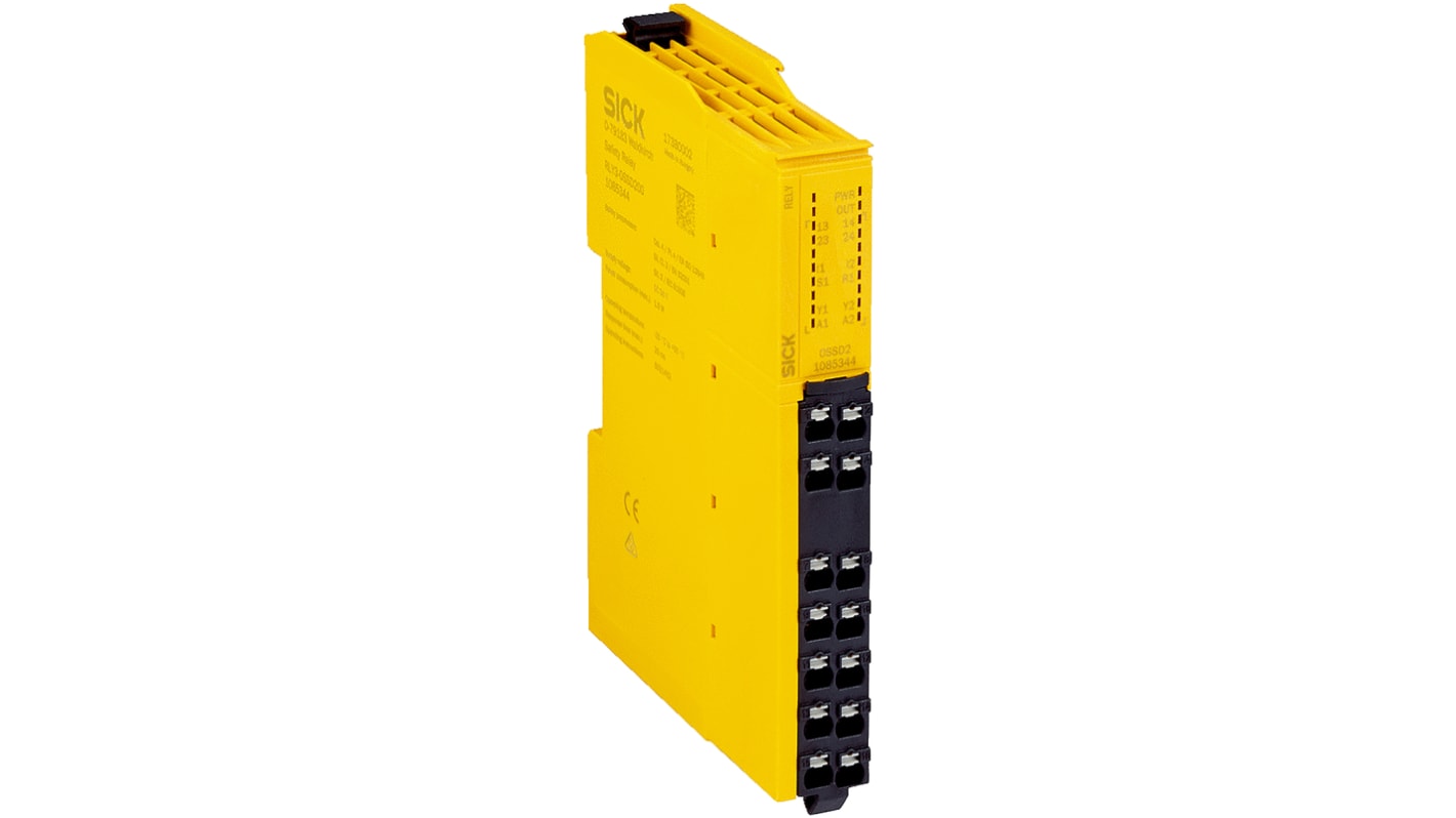 Relè di sicurezza Sick RLY3-OSSD200 con 2 contatti, tensione 30V cc, dimensioni 125mm x 85.5mm x 18mm, categoria ISO 13849-1 livello 4.