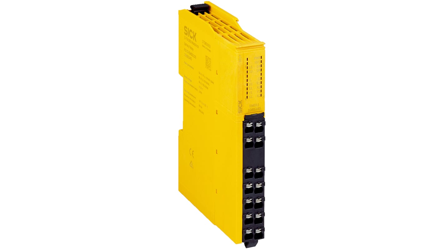 Relè di sicurezza Sick RLY3-EMSS100, 2 canali, 30V cc, contatti di sicurezza, dimensioni 125mm x 85.5mm x 18mm.