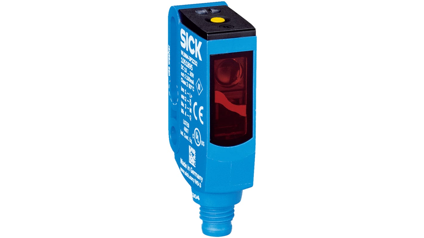 Sensore fotoelettrico rettangolare Sick WL9M4-3P2232 a retroriflessione, gamma di rilevamento 0-5 m, uscita PNP, IP66/IP67/IP69K.