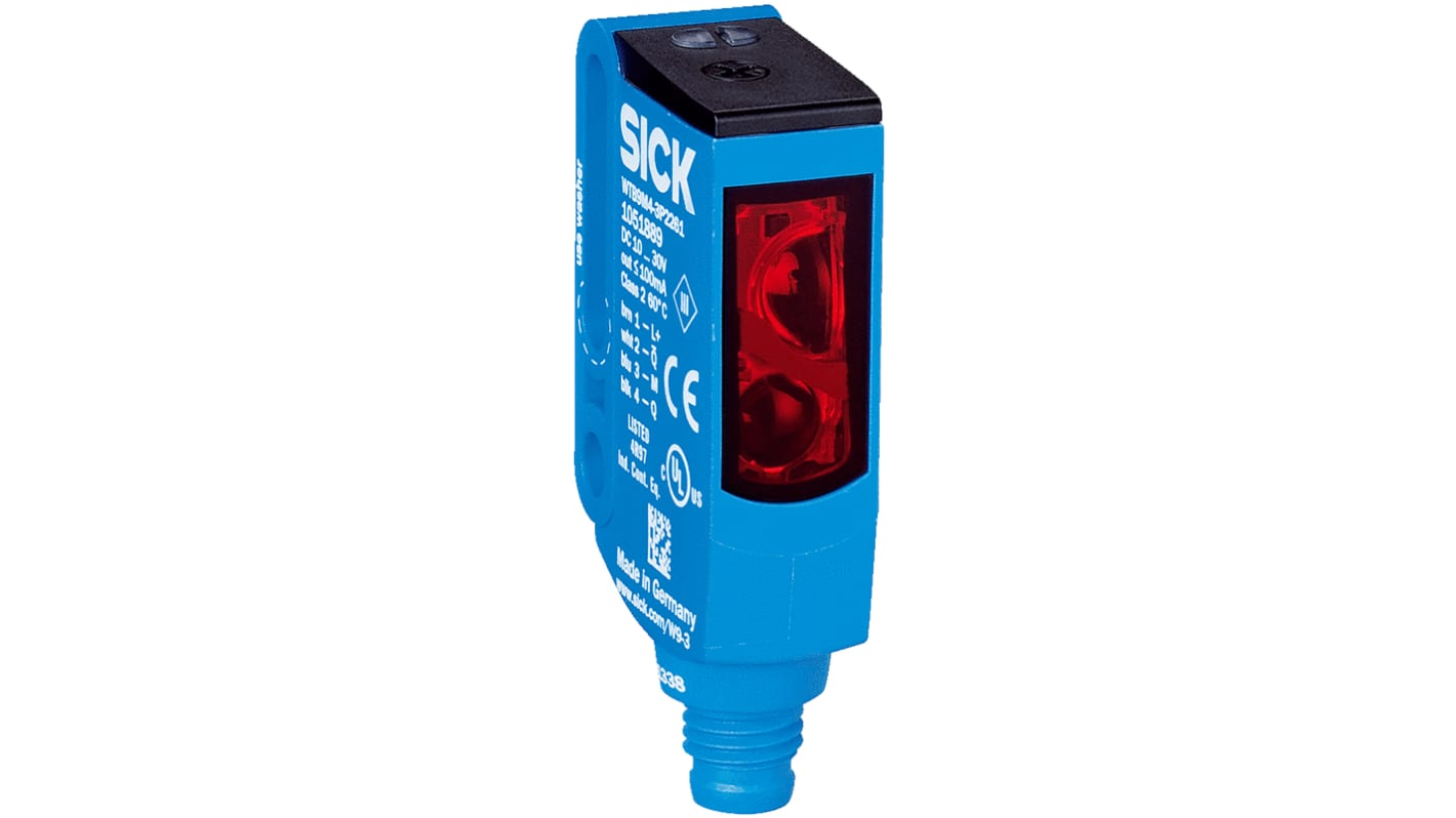 Sensore fotoelettrico rettangolare Sick WTB9M4-3P2261, con soppressione di sfondo, gamma 20-350 mm, uscita PNP, IP66/IP67/IP69K.