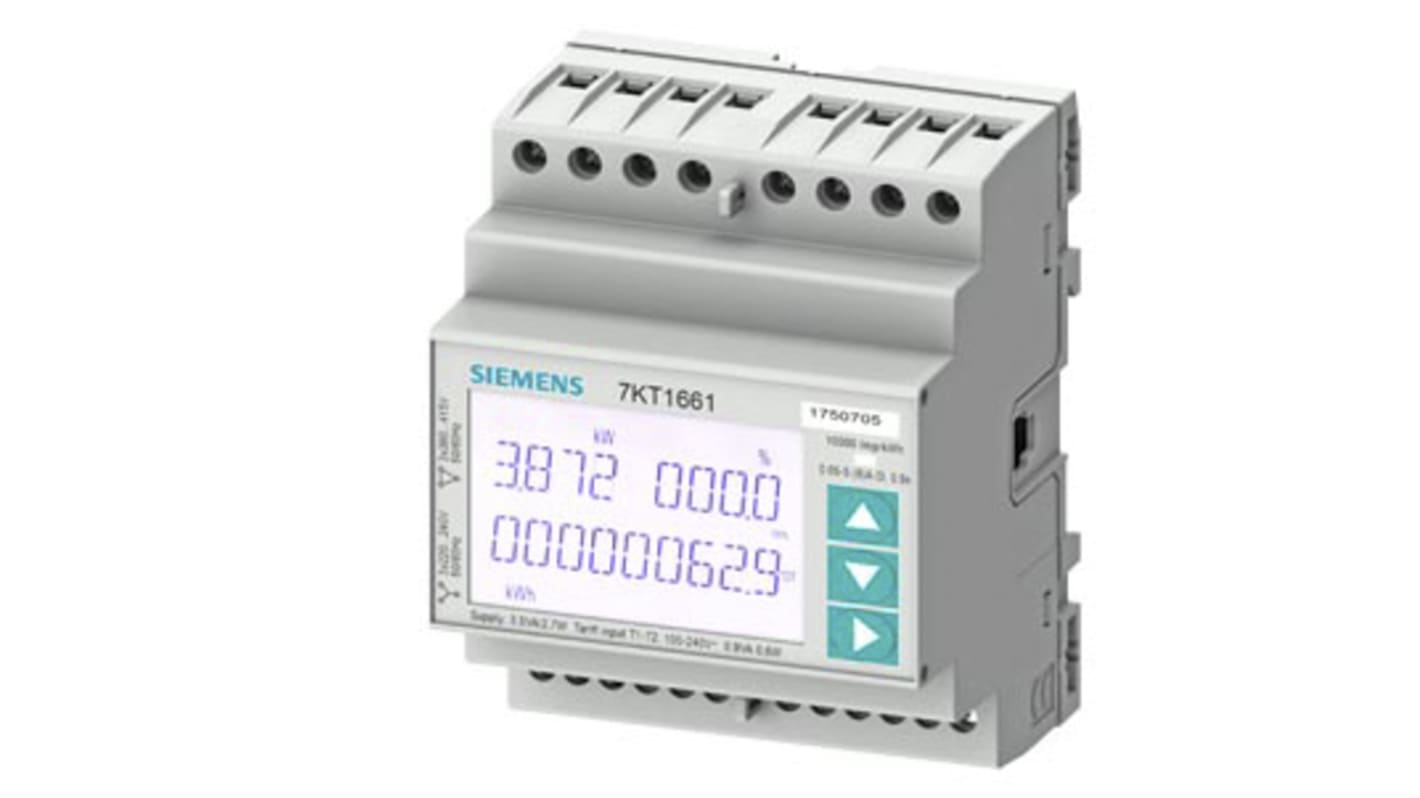 Contatore di energia Siemens 7KT1663 SENTRON PAC1600, trifase, display LCD, tensione 400 V, corrente max 5 A, profondità 63 mm.